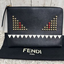 FENDI Monster Bugs Clutch Bag Leather Second Bag Studs Logo 7.4 10.2 inch