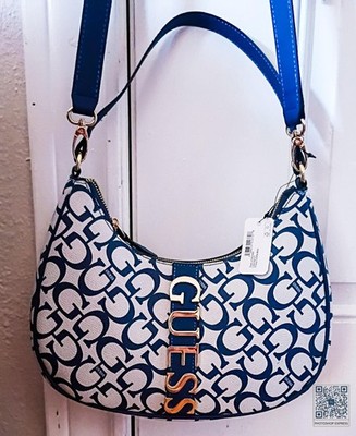 GUESS Blue White Logo Crescent Shoulder Bag Zip Closure Adjustable Strap