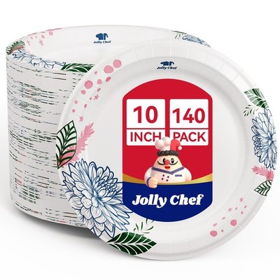 JOLLY CHEF 140-Ct 10'' Paper Plates, Soak Proof, Microwaveable, Disposable