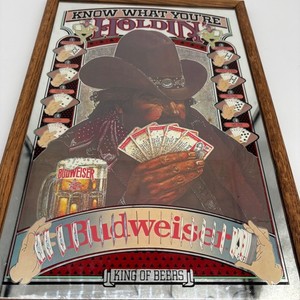 VTG 1980s Budweiser Poker Cowboy Bar Mirror Know What Youre Holdin Advertisingn