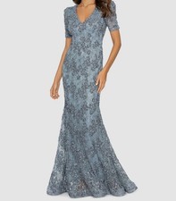 Xscape Women's Blue Floral Lace Sequins Soutache V-Neck Dress Petite Size 8P