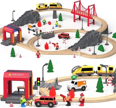 Juego De Tren De Madera Con Estacion De Bomberos Y Setenta Piezas Lujo