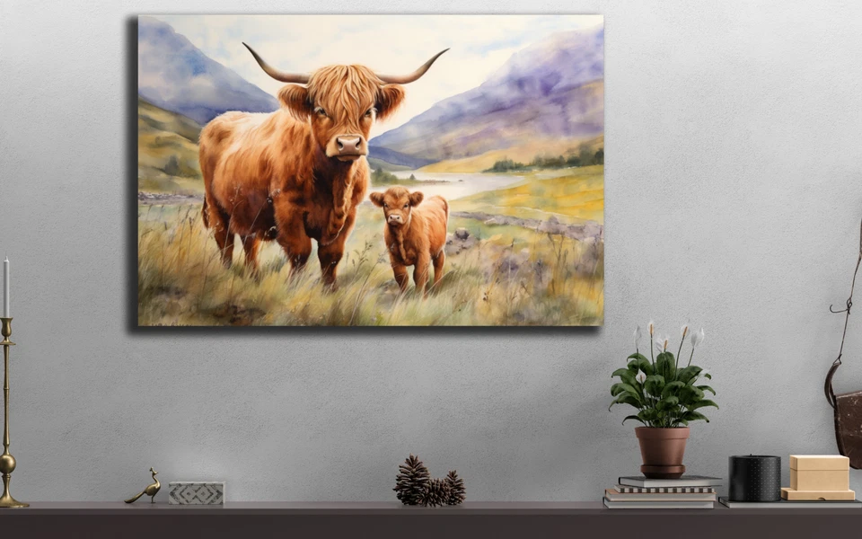 Arte de pared Highland Cow, impresión de becerro de vaca Highland Scottish, lienzo rústico de granja Foto 4 de 4
