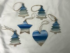 Handmade Beach Ocean Ornament Set Coastal Hand Painted Heart Star Tree Decor