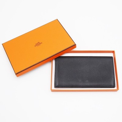 HERMES Citizen Twill Long Wallet Noir Black Epsom Leather Silk Bi-fold U Stamp