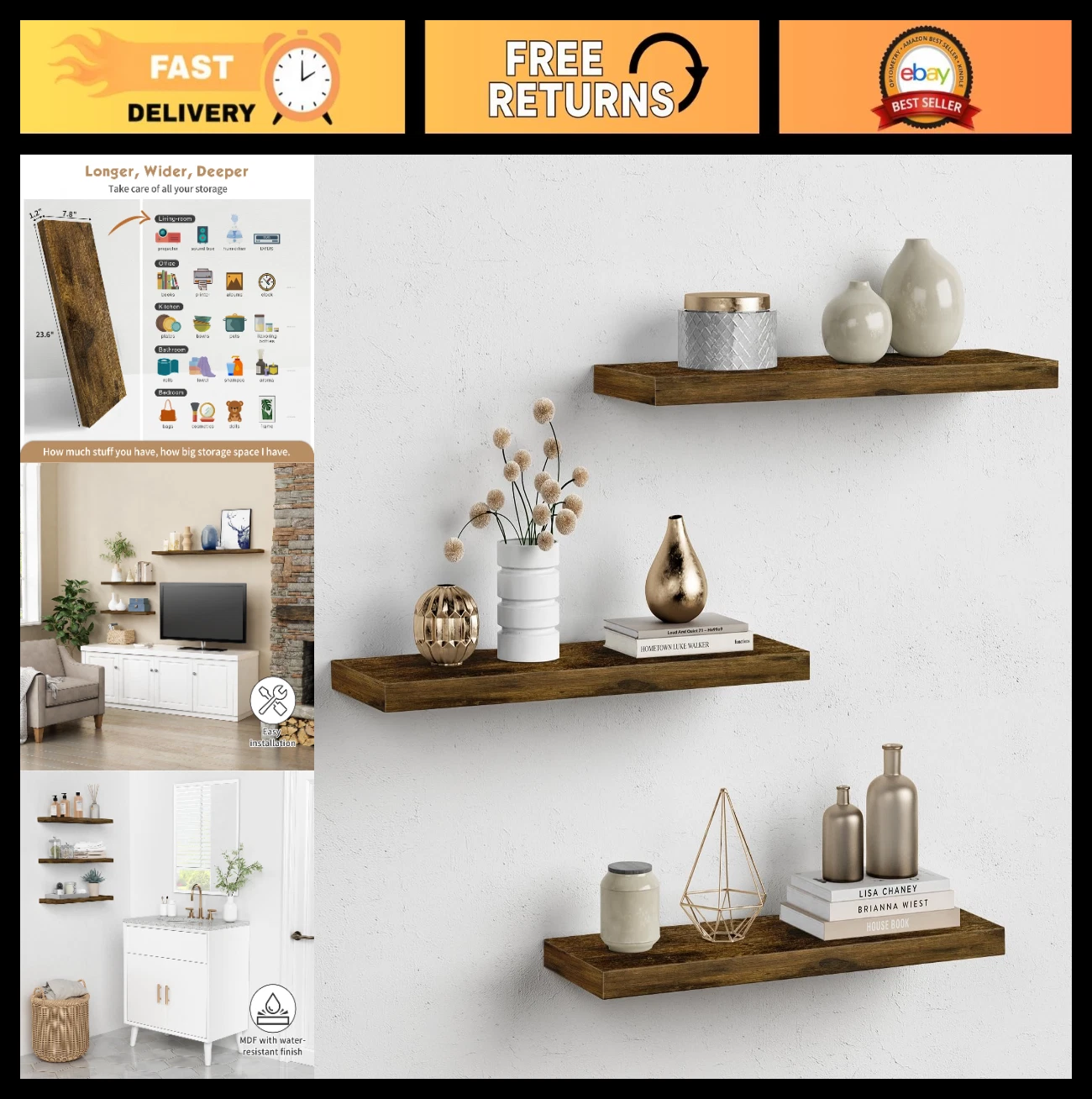 Rustic Wood Floating Shelves Set of 3 - 24" Wall Mounted Storage for Bedroom, Ki