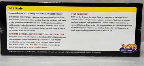 Hot Wheels Collectibles 1969 Chevrolet Corvette 1:18 Diecast Car BEAUTIFUL - Imagen 7 de 9