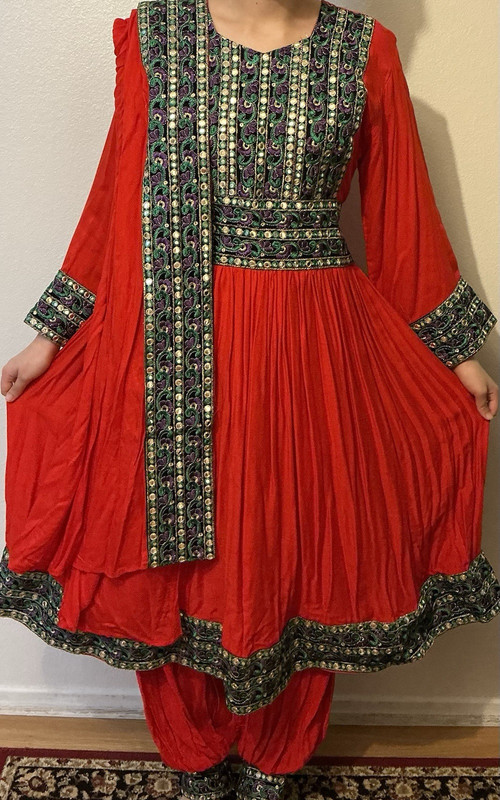 Afghani Set Red Cotton Embellished Trim with Scarf and Pants for Women