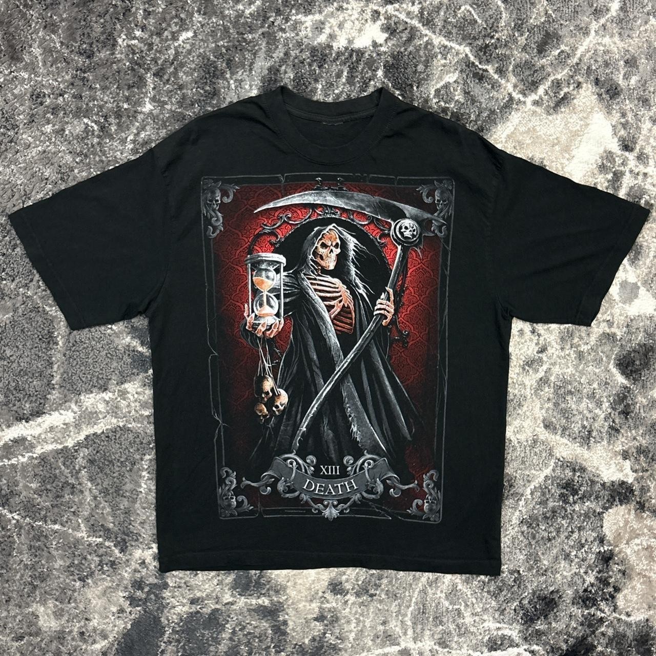 Y2K Shirt Mens XL Skull Skeleton Grim Reaper 2000s Spiral Grunge Emo Goth Black