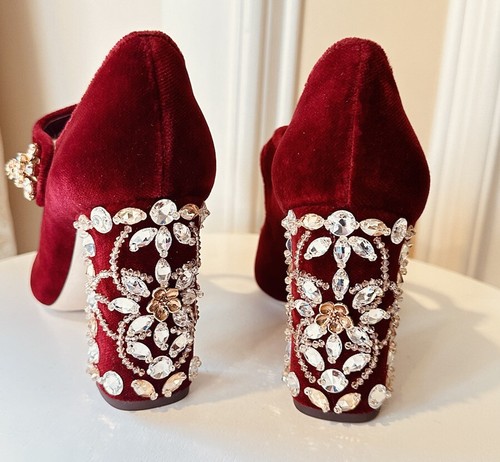 DOLCE & GABBANA Shoes Mary Jane Red Velvet Gold Crystals Heels s 37 IT - Picture 16 of 16