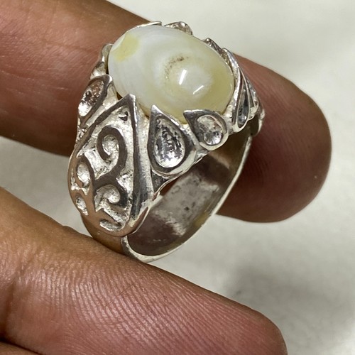 Men's 925 Sterling Silver Ring with Natural Yemeni White Agate Stone aqeeq stone - Picture 7 of 7