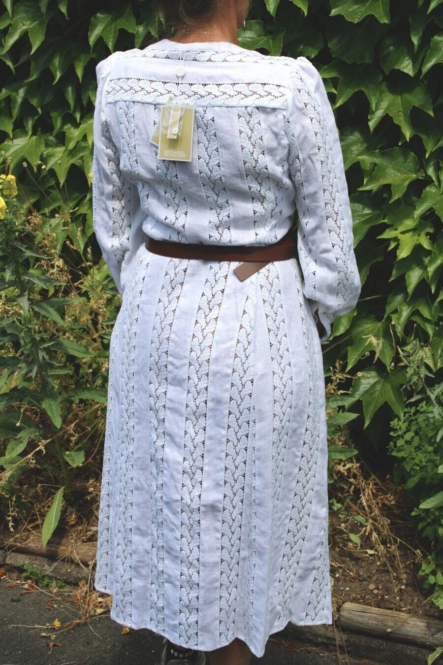 Maxi abito Michael Kors manica lunga cotone bianco ricamo cintura taglia M 38 nuovo HB110