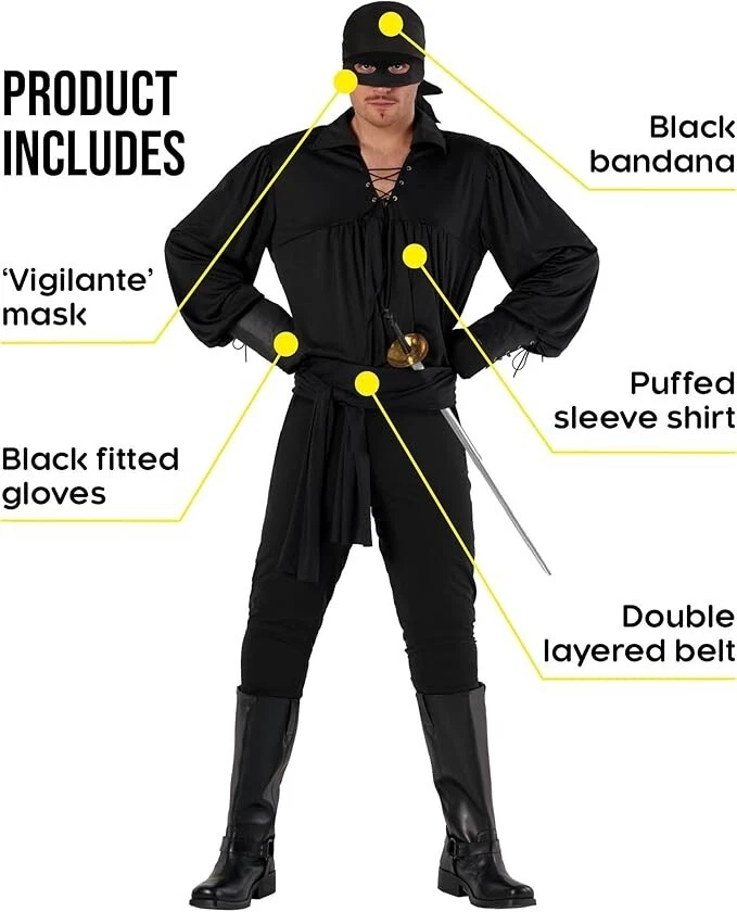 Disfraz Hombre El Zorro Adulto Enmascarado Bandido Vigilante Héroe M - 3XL Halloween Foto 2 de 4