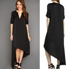 BCBGMaxazria Size XS Black Eddie Wrap Long Satin Look Dress V Neck Long Sleeve