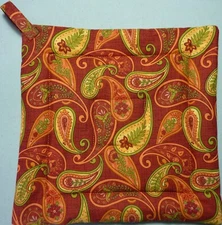 Deluxe Hot Pad/ Pot Holder: PAISLEY PARTY: Rust/ Gold/ Green: Quilted