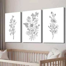 3pcs Black and White Botanical Floral Theme Wall Art Canvas Framed 50x70cm
