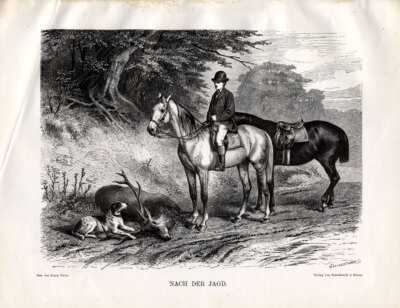 Antiker Druck-JAGD-PFERD-HUND-HIRSCH-Volkskers-1880
