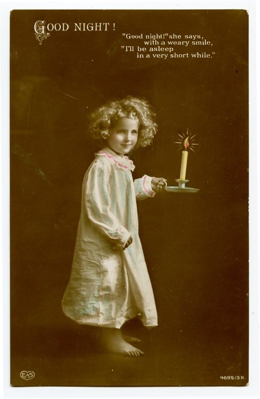 1910s Child Children GOOD NIGHT GIRL w/ Candlestick European photo postcard