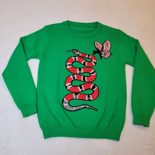 Maglione verde con applicazioni serpente e farfalla morbido elasticizzato XXS girocollo pullover - Foto 10 di 13