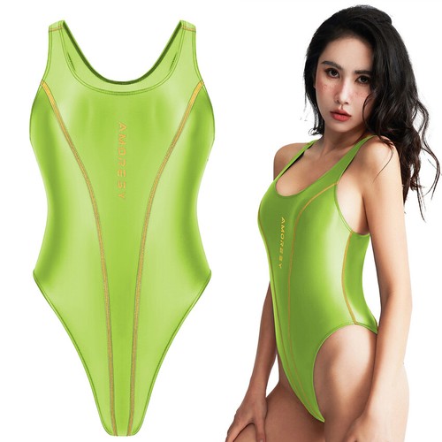 AMORESY Women's Shiny Glossy Swimsuit Swimwear One Piece Spandex Tights Bademode - Picture 33 of 34