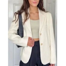 Zara Bloggers Favorite Oyster White Lapel Collar Buttoned Cotton Blazer Sz L