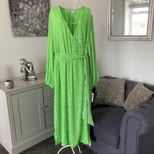 Lime Green Sequin V-Neck Long Balloon Sleeve Tie Waist Wrapover Midi Dress 10