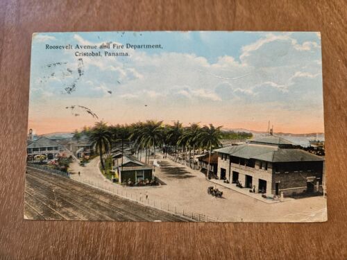 Postcard Tarjeta Postal Cristobal Panama Roosevent Avenue And Fire Department - Afbeelding 1 van 2