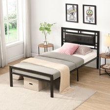 Modern Twin Size Metal Bed Frame Platform With Headboard Steel Slat Black
