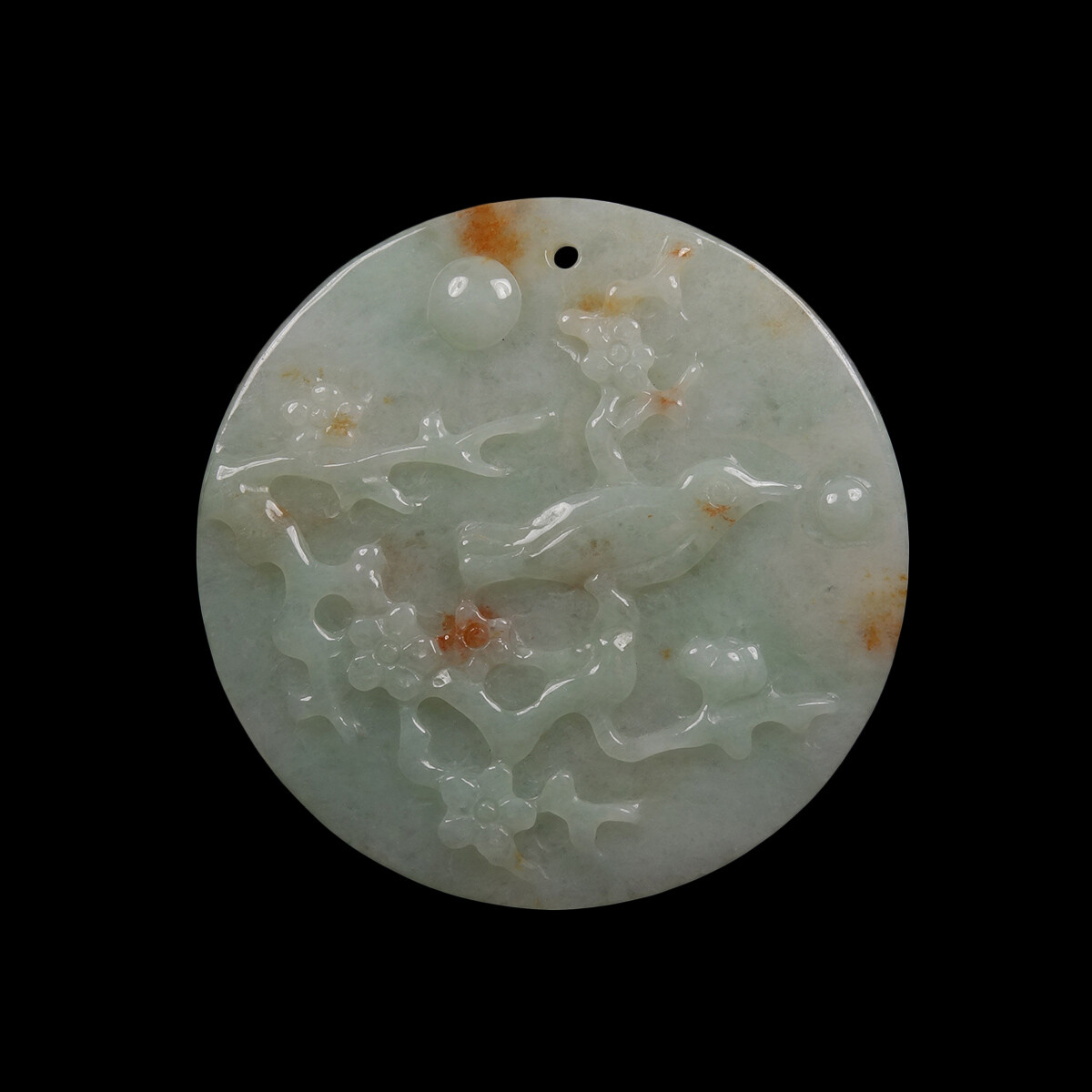 Pendentif En Jade Naturel Grade A Marron/vert - Oiseaux Et Prunier - Certifié 100% Naturel