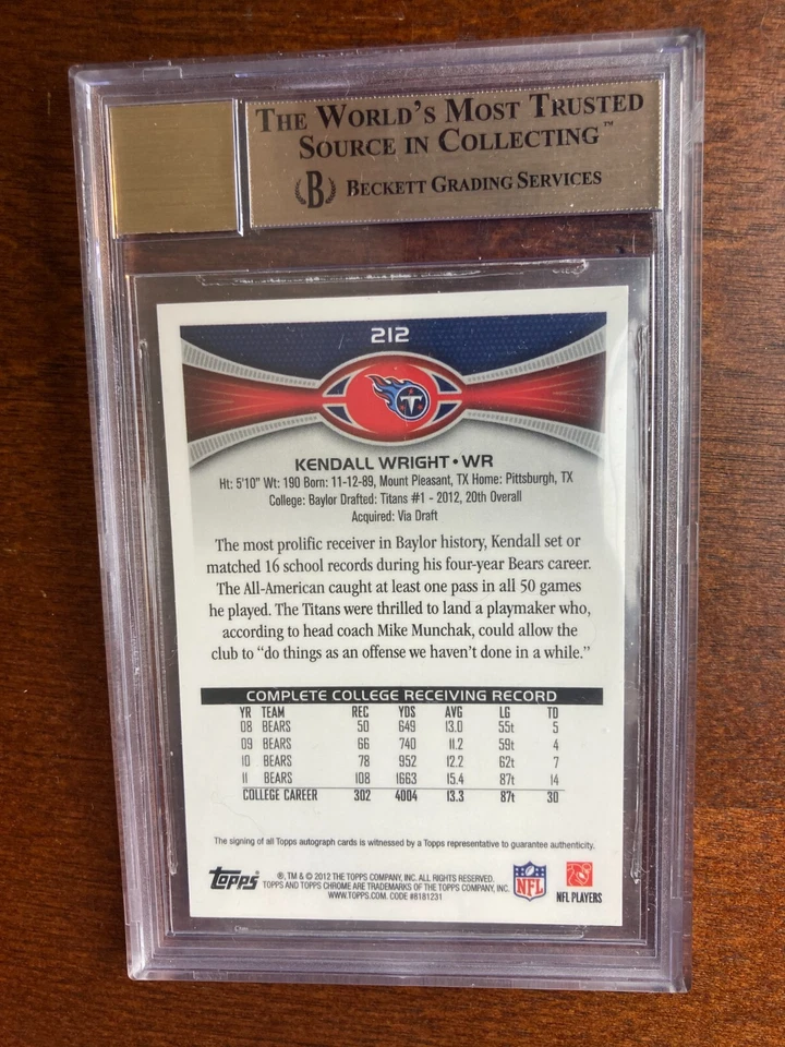 2012  Kendall Wright Auto BGS 9.5 Gem Mint Topps Chrome Autograph - Image 2 of 2