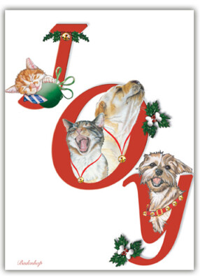 Dog with Cat Group Joy Christmas Cards Set of 10 cards & 10 envelopes