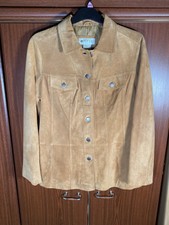 Orvis 100% Leather Suede Jacket Womens Large Button Front Tan Brown Pockets