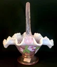 Fenton Art Glass Hand Painted Tulip Delight Rose Milk Opalescent Stretch Basket