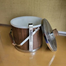 Vtg Atapco Ice Bucket Chrome Wood Handle Knob Mid Century Modern Retro Barware