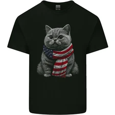 Cat in USA Scarf American Flag Mens Cotton T-Shirt Tee Top
