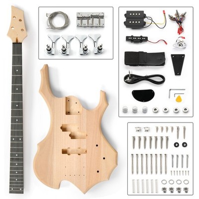 DIY 4 String Flame Shaped Style Electric Bass Guitar Kits w/ Mahogany Body Neck