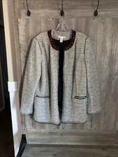 Chico's Jacket Womens Size 2 Cream/Black Tweed Beaded Open Bohemian Chic Lined