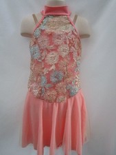 Peach Pink Lyrical Dance Costume Blue Gold Flower Lace Medium Child MC EUC