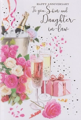 SIMON ELVIN SON AND DAUGHTER IN LAW ANNIVERSARY GREETING CARD 7"X5" CHAMPAGNE AND ROSES