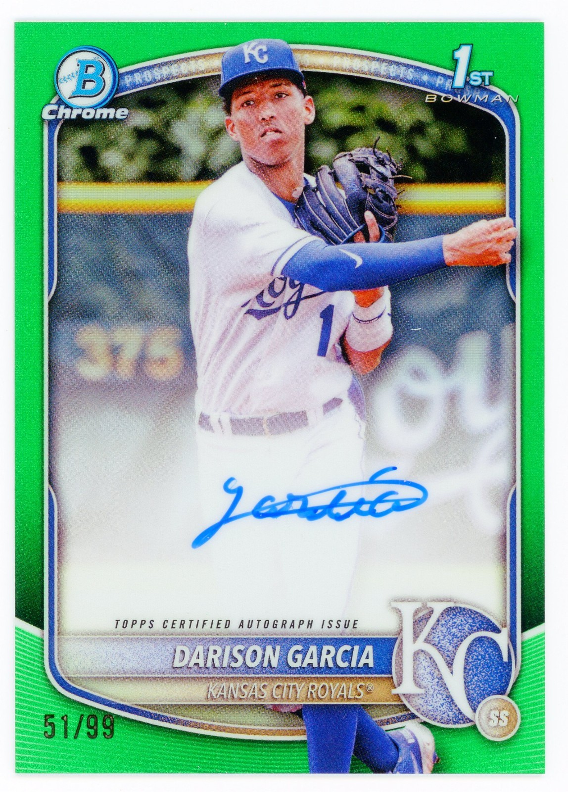 2025 Bowman Chrome 1st Darison Garcia GREEN Auto /99 #CPA-DG Royals