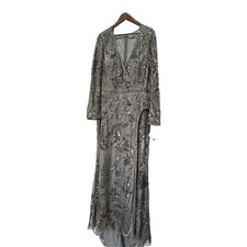 Mac Duggal Womens Size 24 Gray Sequins Jeweled Belt Wrap Maxi Gown Dress NWT