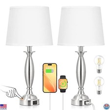 Elegant White Bedside Lamps - Set of 2 Touch Control, USB C A, 3-Way Dimmable