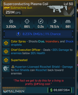 Borderlands 4   MODDED   Plasma Coil Rainbow SMG 251m DPS   Lvl 50   PS PC XB
