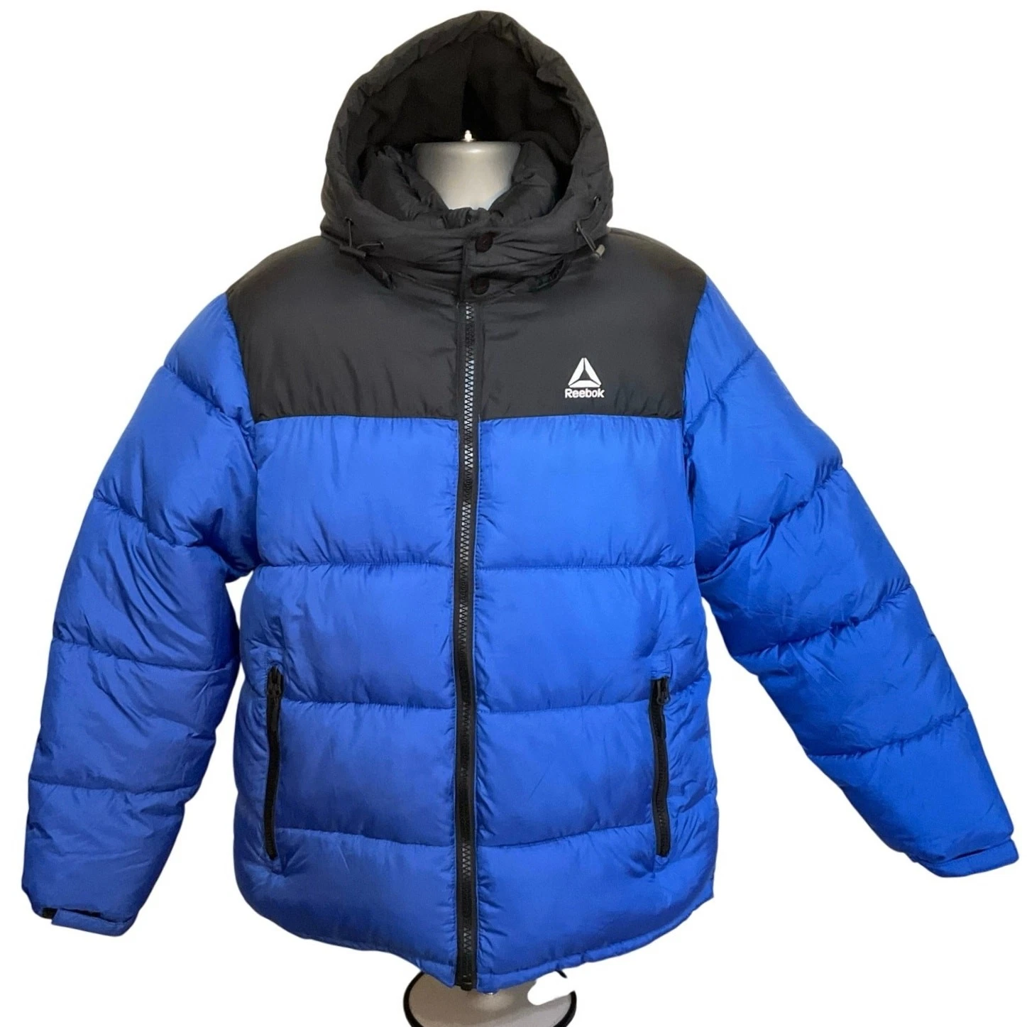 Reebok Men’s Large Hooded Puffer Jacket Blue Black Insulated Winter Coat