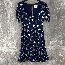 Maeve Size 4 Tropical Vacation Mini Shift Dress Navy V Neck Short Sleeve Zip