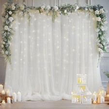 10 10ft White Tulle Backdrop Curtain with Lights String for Parites, Sheer Cu...