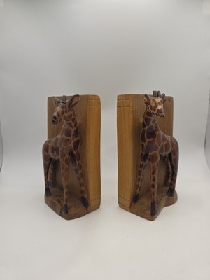 Paar Holz Giraffe Buchstützen handgeschnitzt Safari Tier Holz Buchstützen Vintage