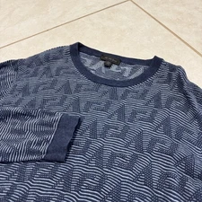 Saks Fifth Avenue Sweater Mens XL Blue Monogram Jacquard Crewneck Made in Italy