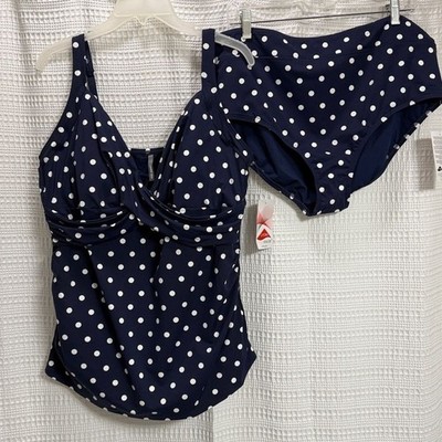 Lands End NEW Xtra Life Tummy Control Tankini Swimsuit Navy Polka Dot SZ 18