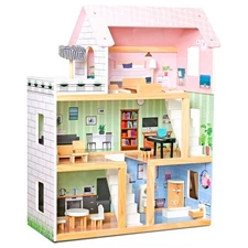 Lil' Jumbl Kids Wooden Dollhouse, 17-Piece Accessories & Furniture are Includ...